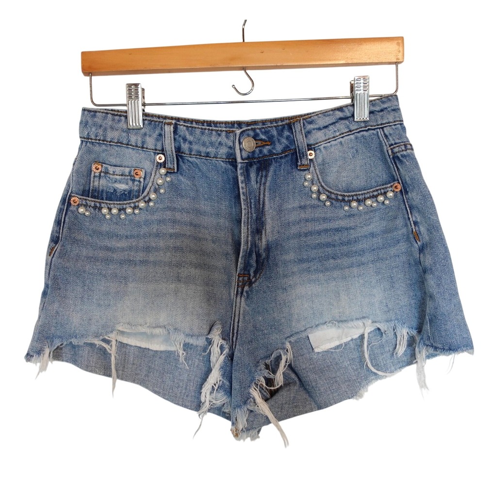 Pookie & Sebastian Pearl Embellished Denim Cutoff Shorts Womens M Blue Boho‎ Raw